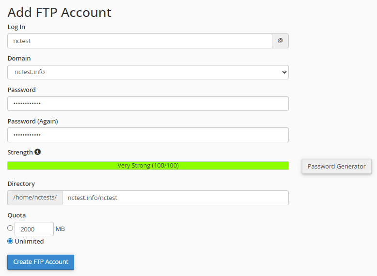 فرم تکمیل اطلاعات اکانت FTP