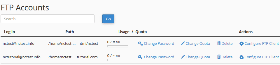 گزینه های مدیریت اکانت های FTP