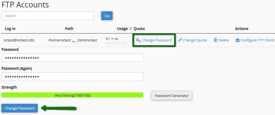 بخش تغییر پسورد اکانت FTP