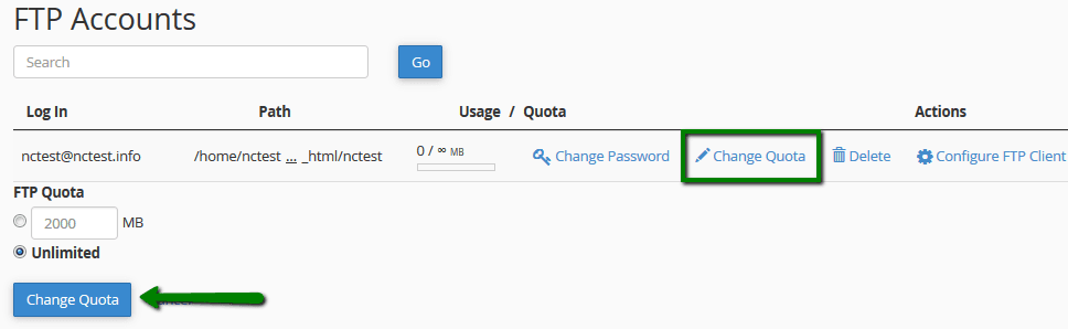 بخش تغییر محدودیت فضای FTP