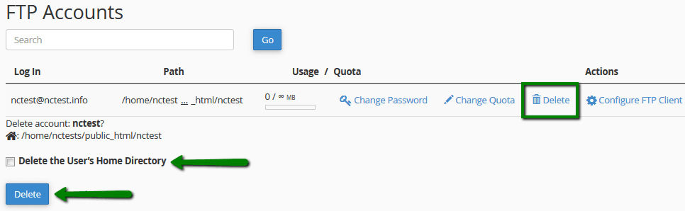 بخش حذف اکانت FTP